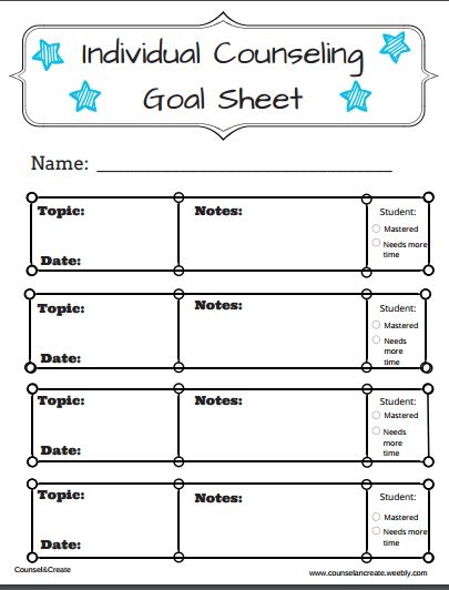 School Counseling Individual Counseling Goal Sheet-Counsel&Create