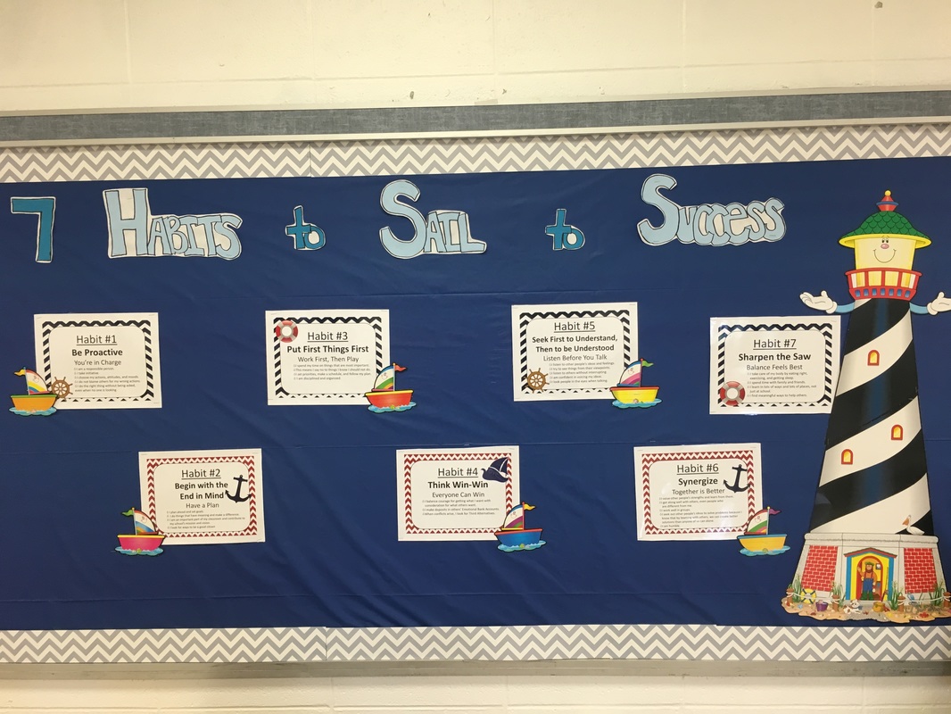 7 Habits of Happy Kids Bulletin Board with Nautical Theme in a School Counseling Office-Counsel&Create